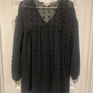 entro Black Long Sleeve Swiss Dot V-Neck Dress